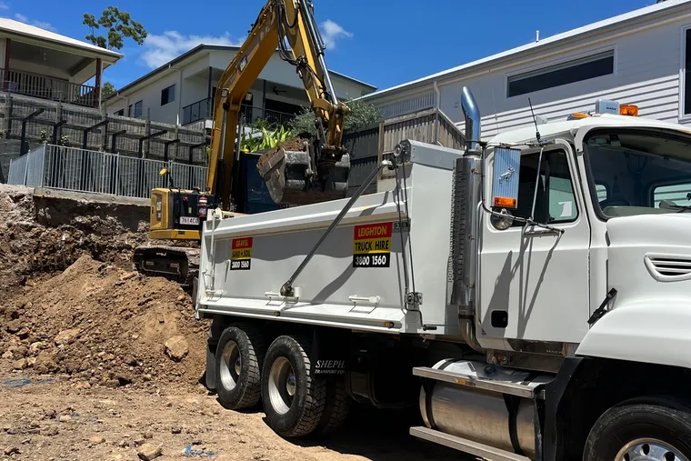 A Leighton tipper truck working on a Brisbane job site